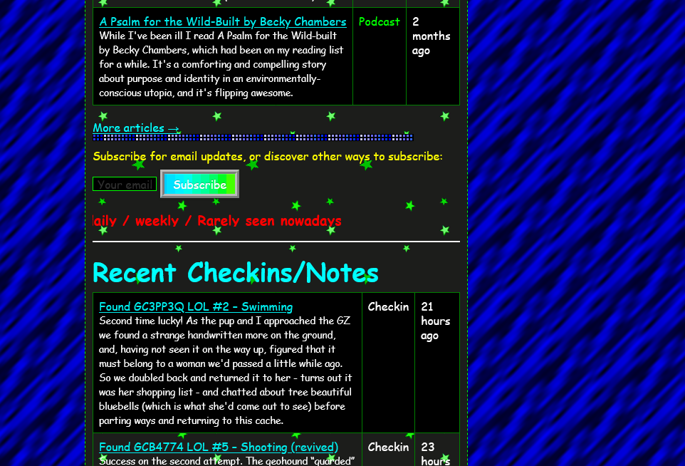 Full image of Further down the same page, showing the gap between the articles and the other posts, with a subscribe form (complete with marquee!).