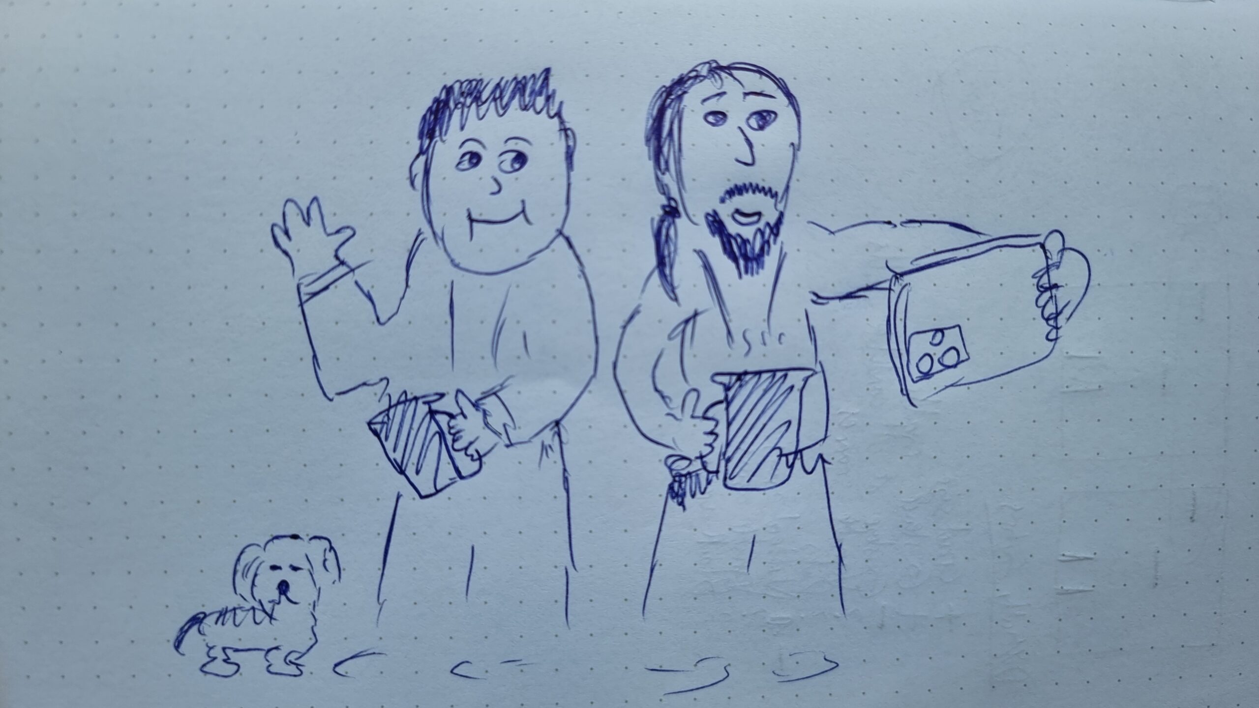 Full image of Badly drawn pen sketch of Dan, a man with a goatee, taking a selfie of himself and a round-cheeked man with a dog, while the pair drink hot drinks.
