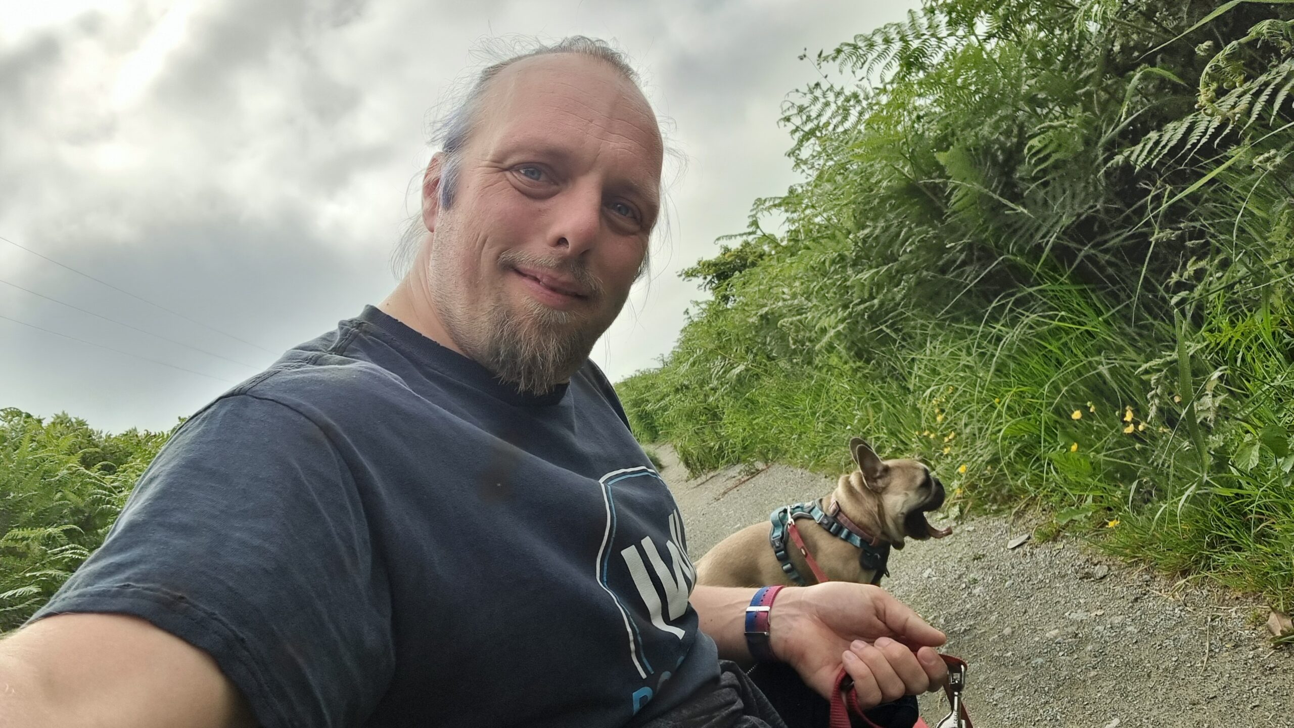 Full image of Dan crouches on a path, flanked by tall grass. Behind him, a French Bulldog yawns, her mouth wide and her tongue out.