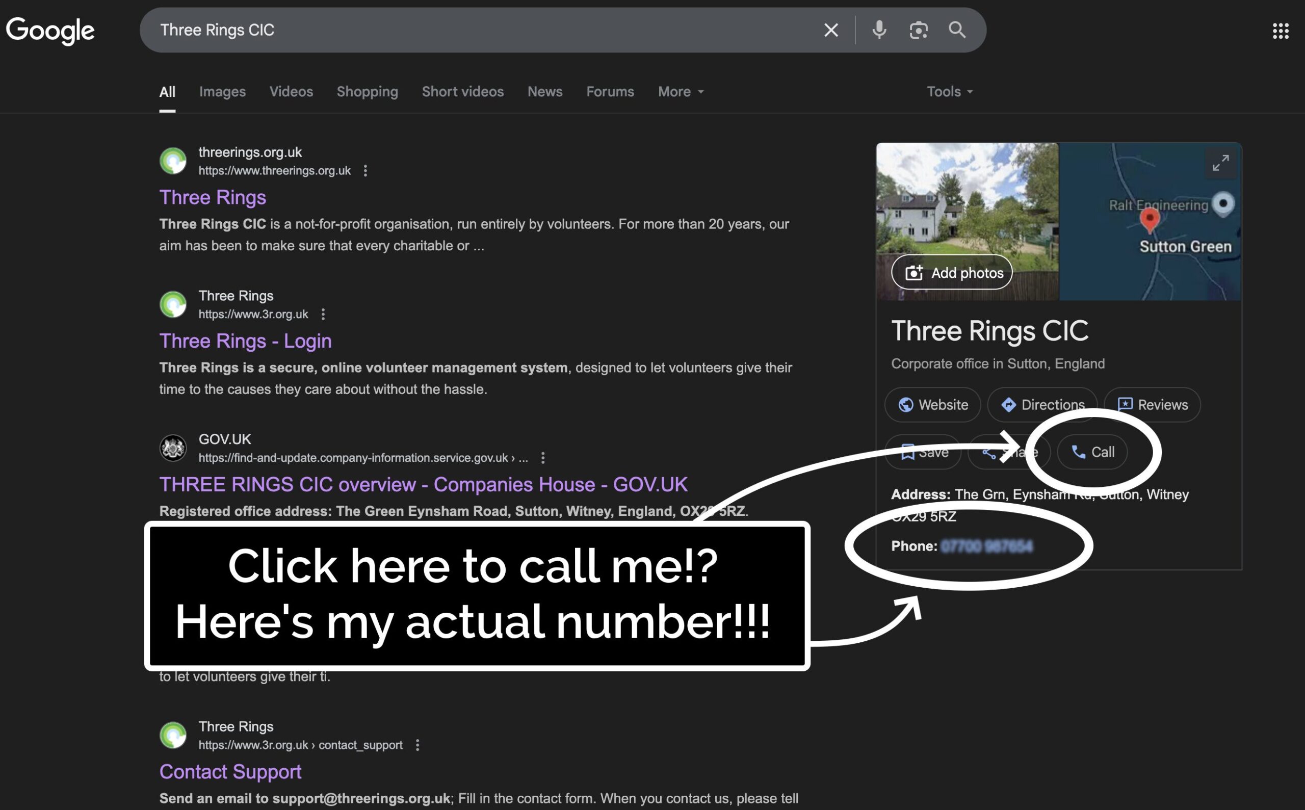 Full image of Google Search results page for 'Three Rings CIC', showing a sidebar with information about the company and including... my personal mobile number and a 'Call' button that calls it!