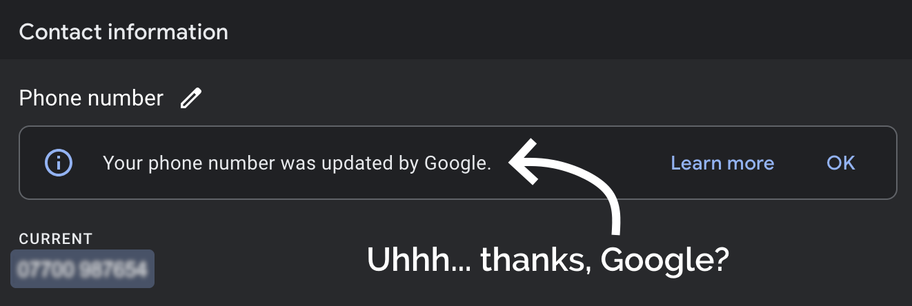 Full image of Screenshot from Google Business Profile, with my phone number and the message 'Your phone number was updated by Google.'.