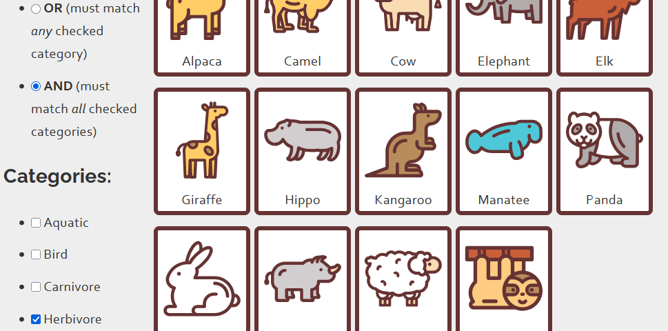 Screenshot showing cards with simple pictures of animals, filtered using radiobuttons and checkboxes to show those which are mammals AND herbivores. The list is comprised of an alpaca, camel, cow, elephant, elk, giraffe, hippo, kangaroo, manatee, panda, rabbit, rhino, sheep, and sloth.