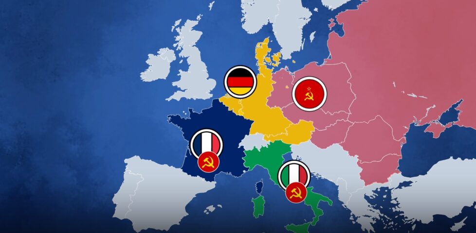 Video framegrab showing an alternate history map of Europe in mid-to-late 20th century. West Germany has formed an economic union with several neighbouring states, while France and Italy have elected Communist governments and are within the Soviet sphere of influence.