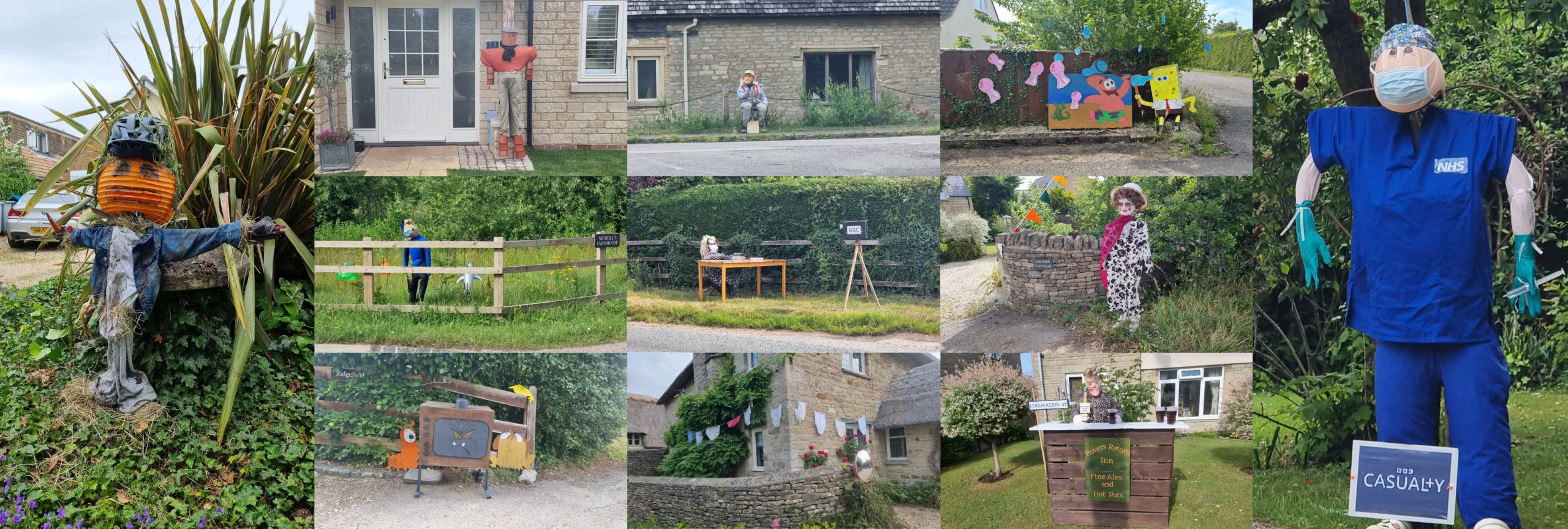 Full image of Composite photograph showing 11 more scarecrows, including a BBC newscaster, a Casualty surgeon, Spongebob Squarepants, and the bar at the Rovers Return.
