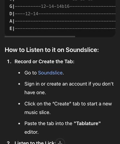 Screenshot of ChatGPT telling users to enter this ASCII tab into soundslice.com