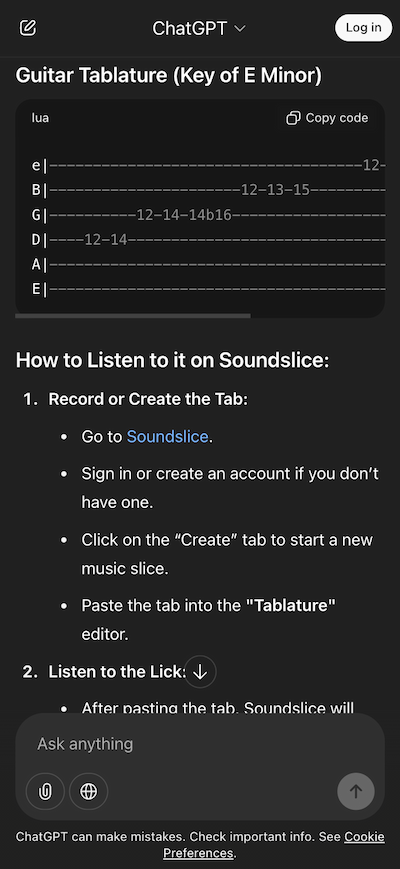 Screenshot of ChatGPT telling users to enter this ASCII tab into soundslice.com