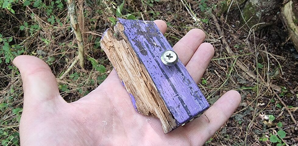 A hand holds a palm-sized fragment of wood, painted purple as if once part of a fairy door.