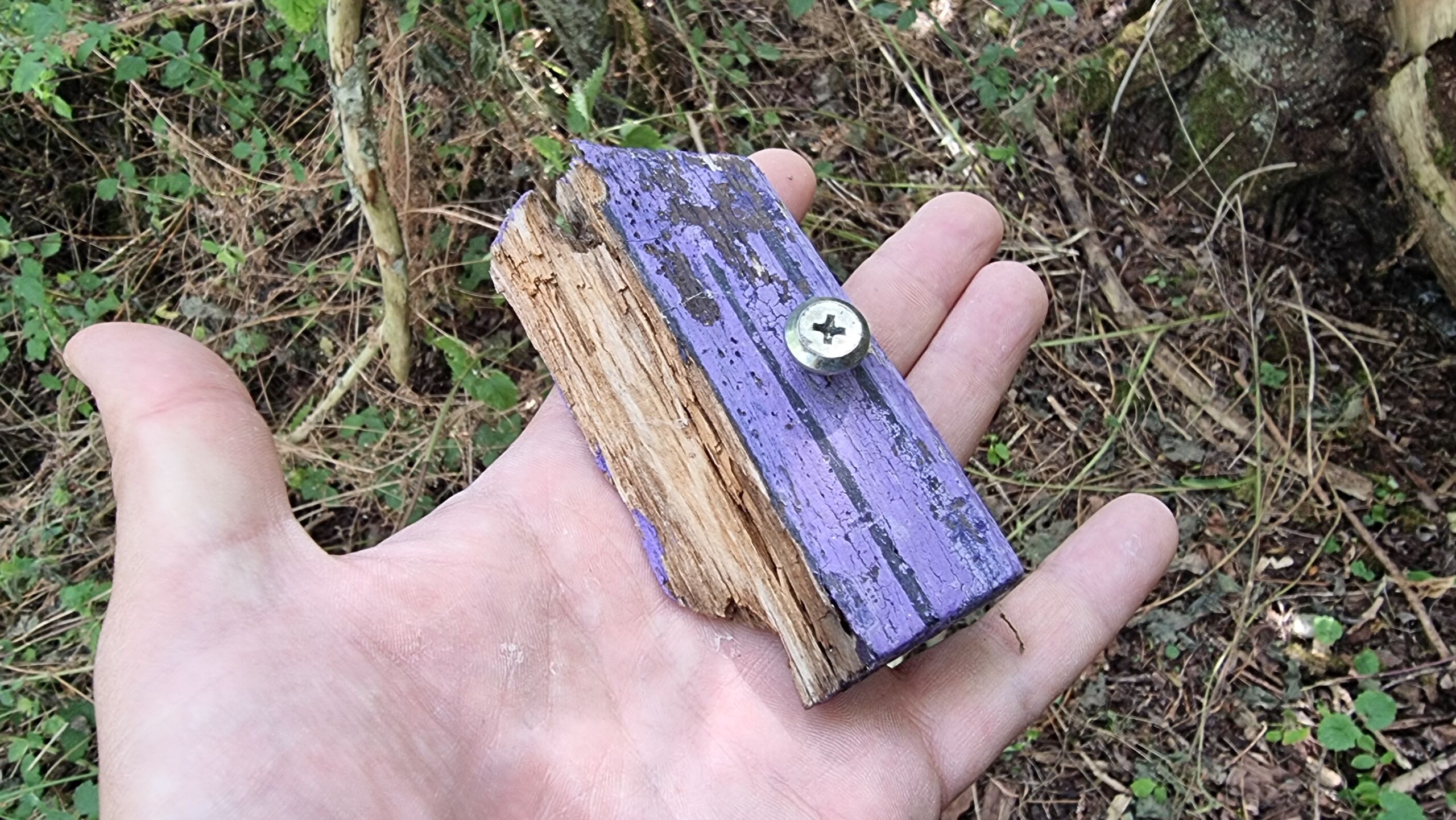 Full image of A hand holds a palm-sized fragment of wood, painted purple as if once part of a fairy door.