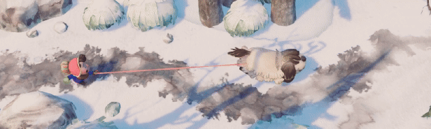 Animation from DOGWALK featuring a papercraft scene of a large hairy dog pulling a young child through a wintery forest.