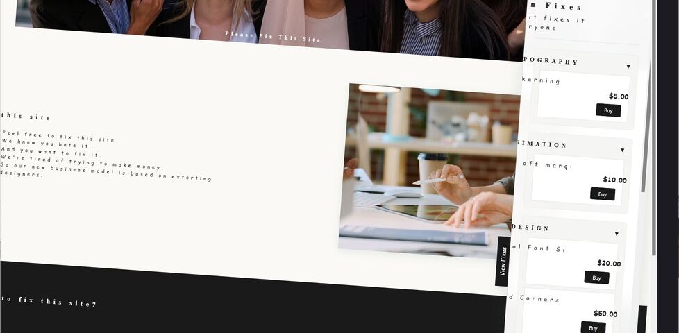 Screenshot of PleaseFixThisSite.com, featuring all of the design sins described below.