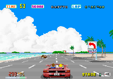 Screenshot from OutRun (1986), showing a red Ferrari Testarossa down the centre of a six-lane beachside highway at 293kph.