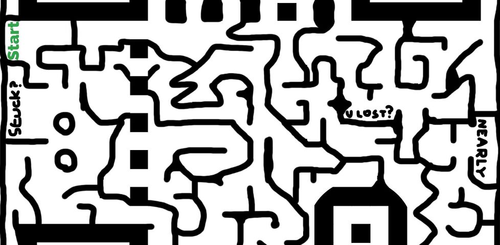 QR code that looks like a maze hand-drawn in Microsoft Paint, annotated with various discouraging messages like 'wrong way' and 'doom'.