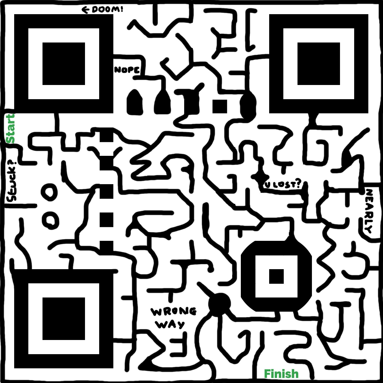 Full image of QR code that looks like a maze hand-drawn in Microsoft Paint, annotated with various discouraging messages like 'wrong way' and 'doom'.