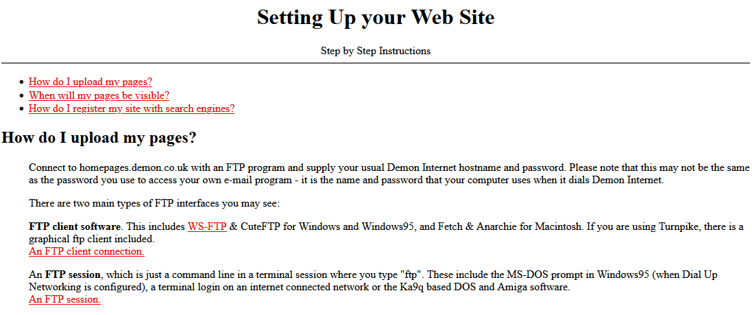 Full image of 'Setting Up your Web Site, Step by Step Instructions' page, describing use of an FTP client to upload web pages.