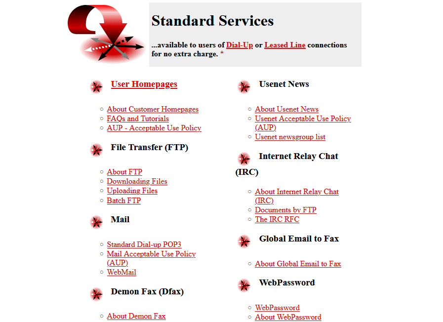 Full image of Web page listing 'Standard Services' for dial-up and leased line connections, including: user homepages, FTP, email, usenet, IRC, email-to-fax, and fax-to-email services.