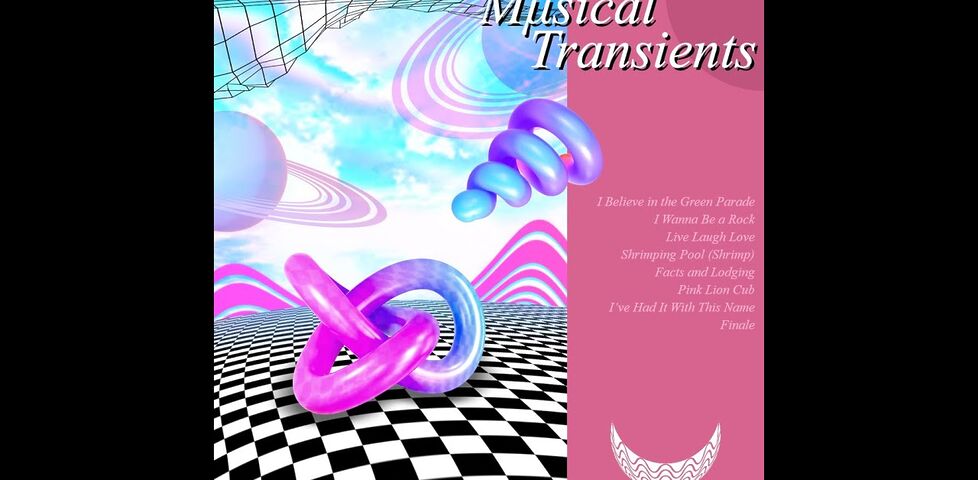 Album cover art for Musical Transients, feature raycast renderings of spirals and ringed planets above a checkerboard floor.