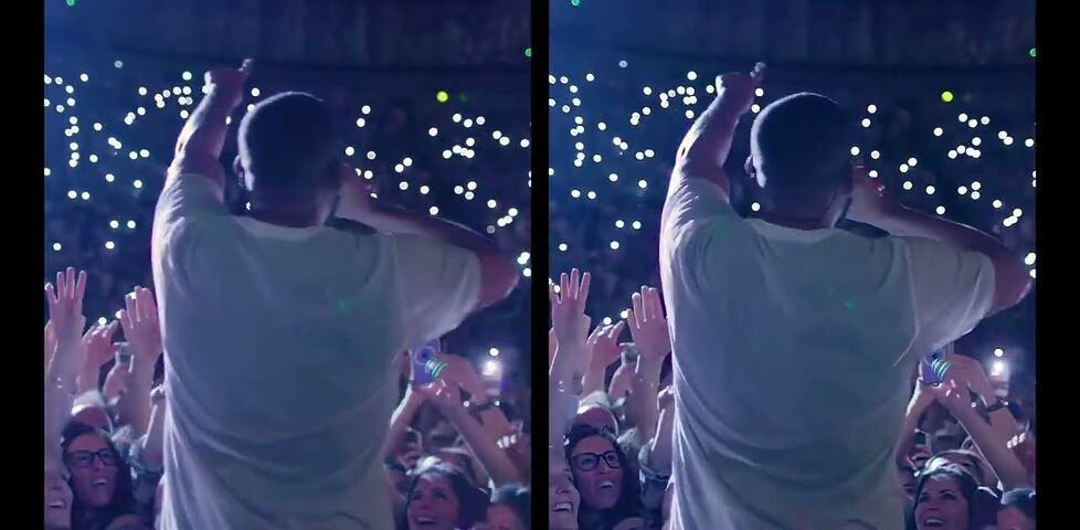 Will Smith, seen from behind, holds his hand aloft in front of a large crowd; composite showing how the video appeared both on Instagram and YouTube.