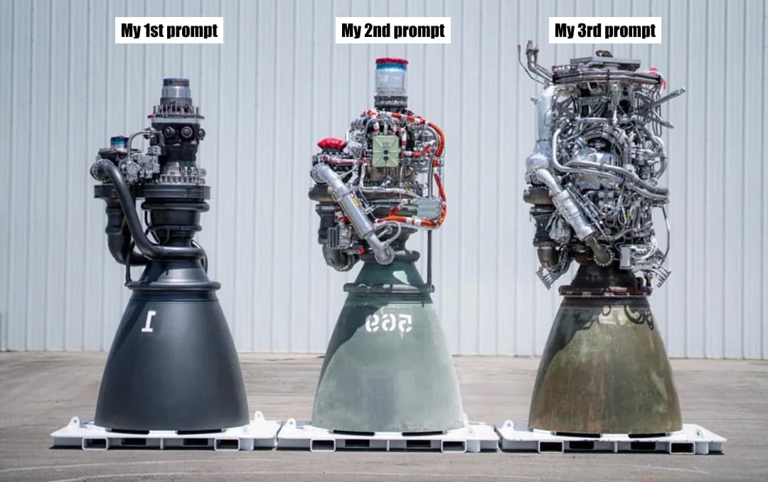 Full image of Photograph of three versions of the raptor engine, but the image is reversed showing the engine get progressively complicated in mechanical parts over time. Each engine represents an LLM prompt.