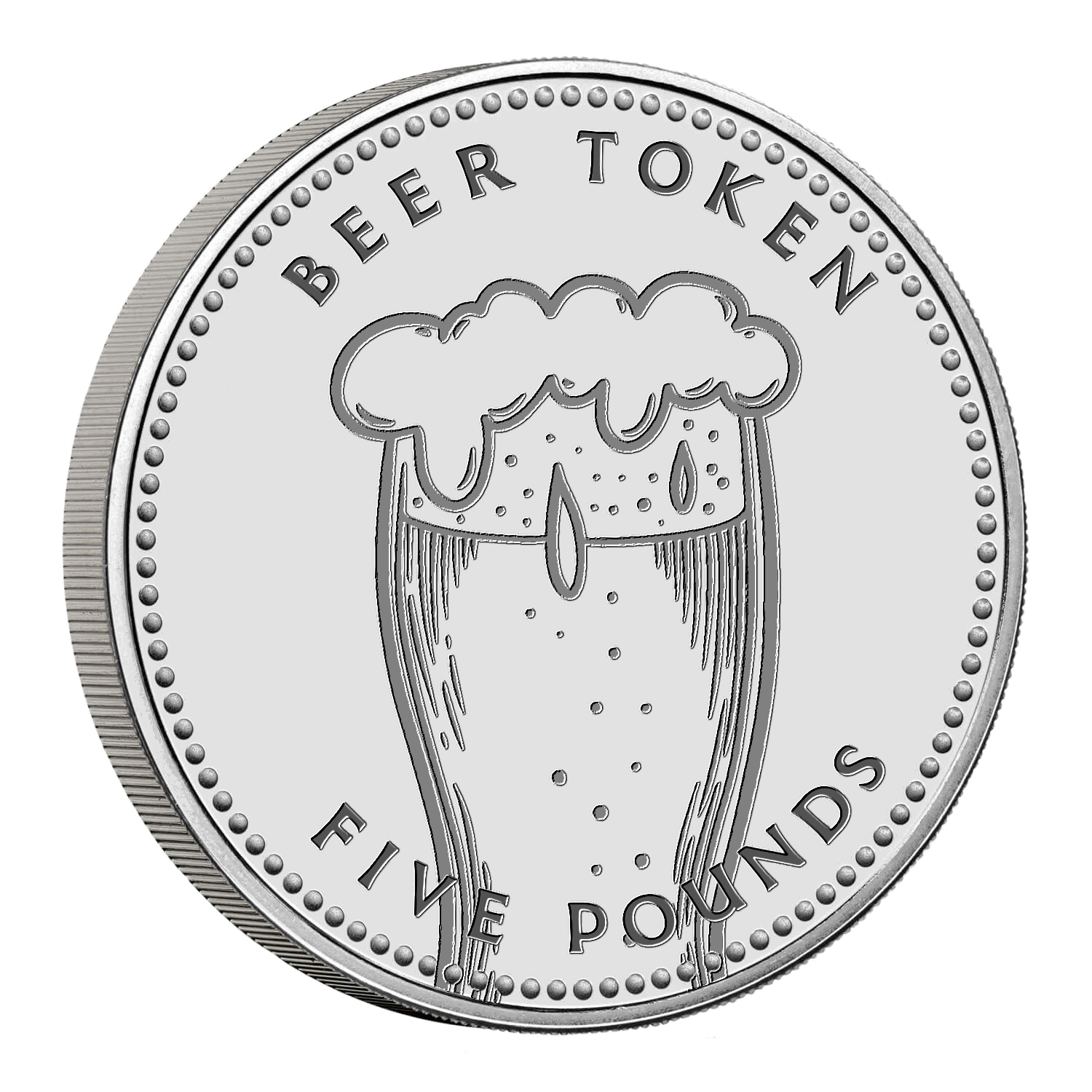 Full image of Mockup of a silver-coloured £5 coin with the words "FIVE POUNDS" and also "BEER TOKEN" printed around a stylised frothy pint of beer, dripping down the sides of its glass.