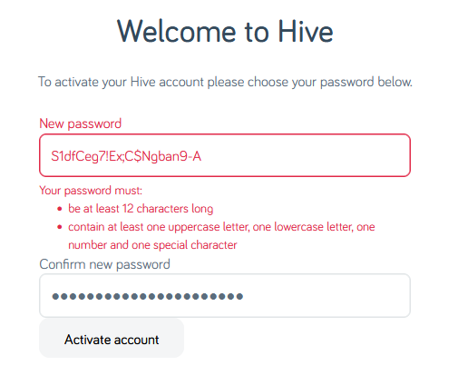A password form with the password S1dfCeg7!Ex;C$Ngban9-A entered; an error message shows 'Your password must be at least 12 characters log, contain at least one uppercase letter, one lowercase letter, one number, and one special character'