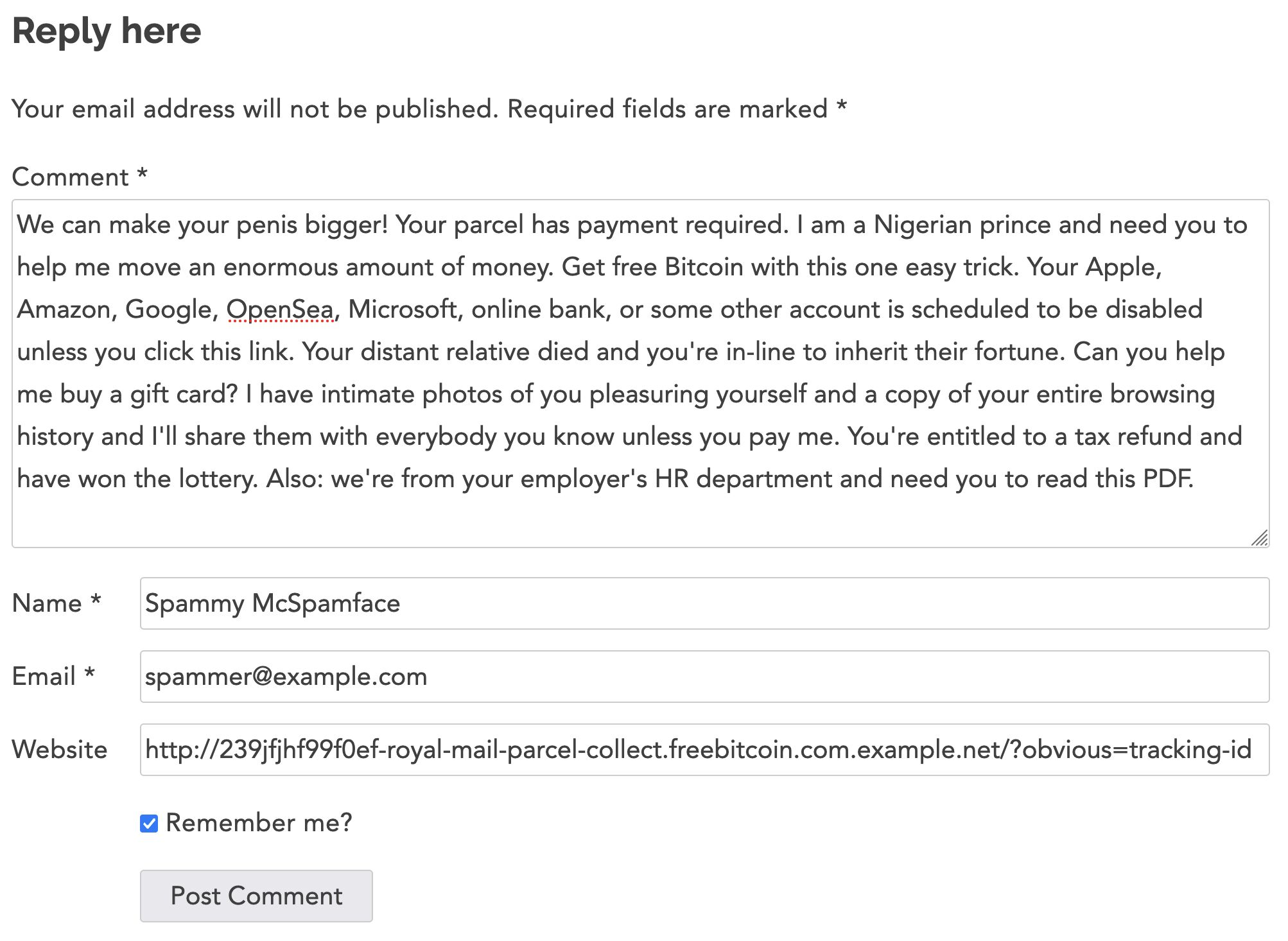 Full image of A DanQ.me comment form pre-filled with a diversity of spam tropes, by 'Spammer McSpamface'.