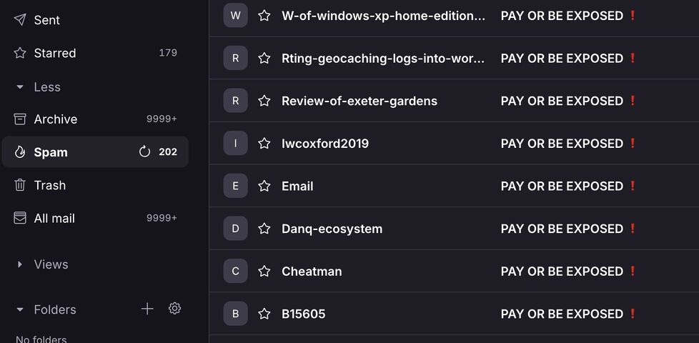An email spam inbox. A significant number of detected spam messages have the subject line "PAY OR BE EXPOSED" but have different senders.