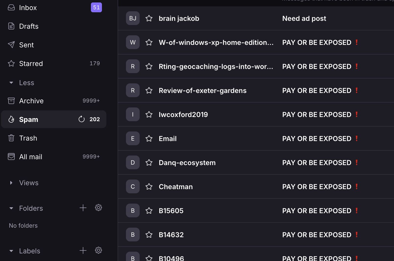 Full image of An email spam inbox. A significant number of detected spam messages have the subject line "PAY OR BE EXPOSED" but have different senders.