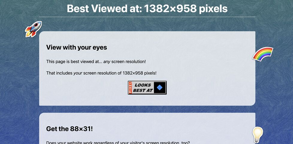 Screenshot of a website that says it's best viewed at a resolution of 1382×958 pixels, which is a pretty weird resolution!