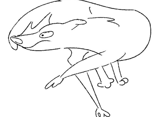 Pencil sketch of a dog chasing its own tail.