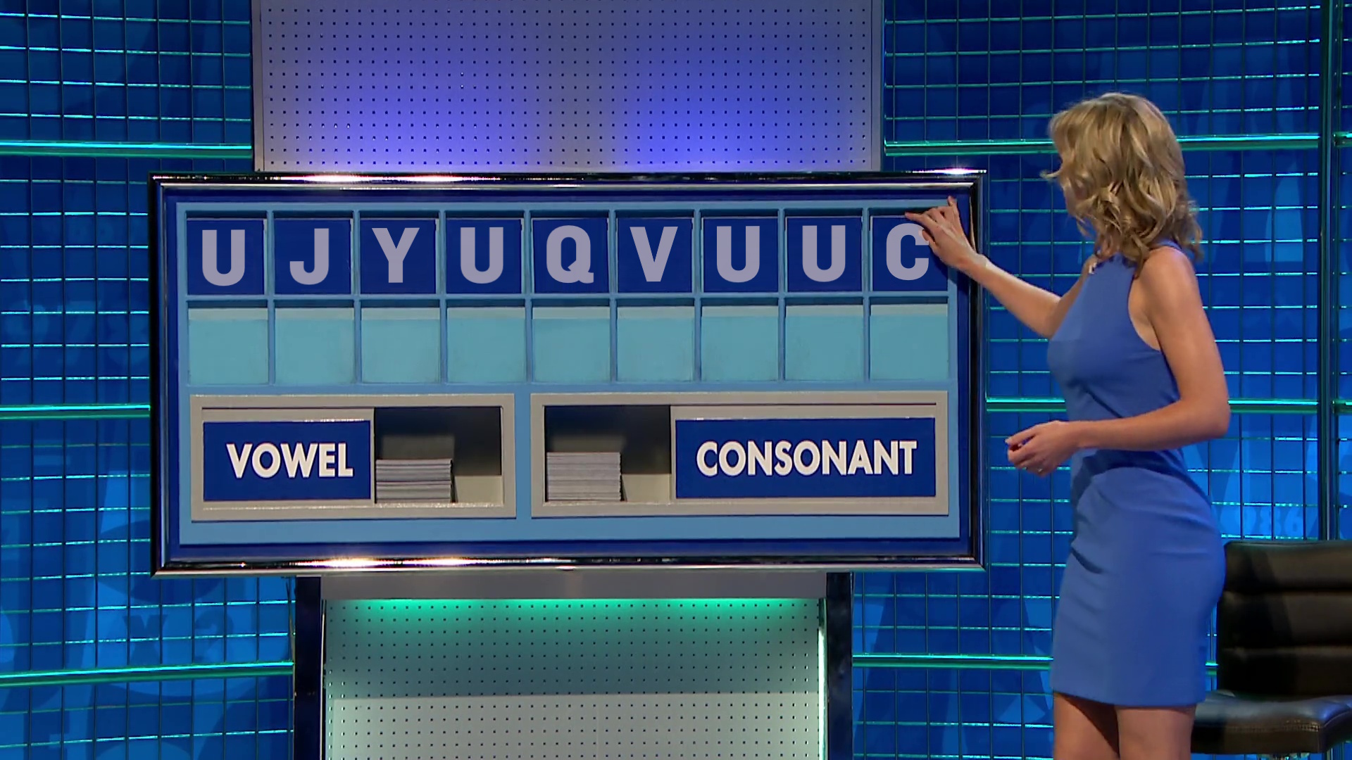 Full image of Revised "impossible countdown" board, showing letters 'U J Y U Q V U U C'.