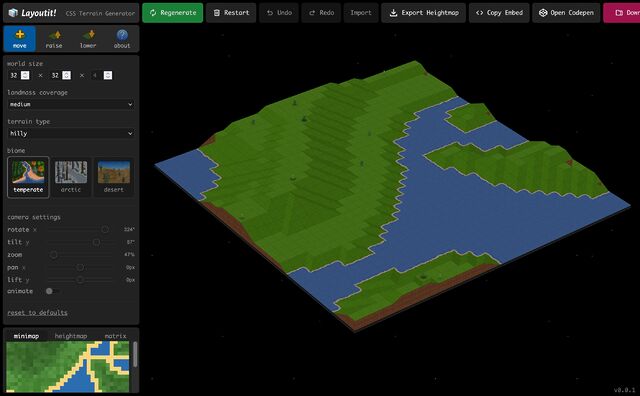Screenshot from Layoutit! Terra showing an isometric view of a gridded temperate landscape alongside controls to tweak the amount of land, terrain type, etc.