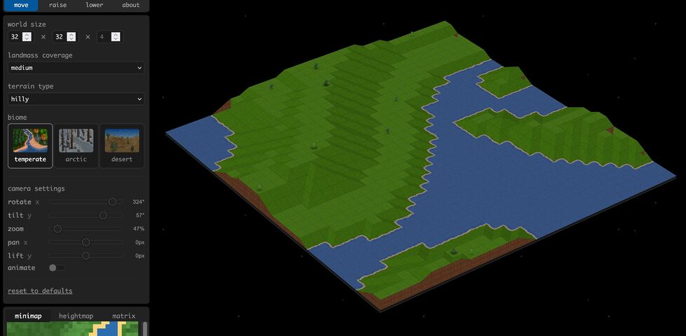 Screenshot from Layoutit! Terra showing an isometric view of a gridded temperate landscape alongside controls to tweak the amount of land, terrain type, etc.