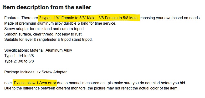 Full image of Highlighted item description from an eBay listing. The highlighted section shows that the listing is for a quarter inch to a five-eighth of an inch adapter made of a premium aluminium alloy, and that the buyer should "please allow 1-3cm error due to manual measurement".