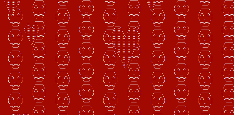 A wall of ASCII art skulls in white text on black, with large ASCII art hearts superimposed above them.