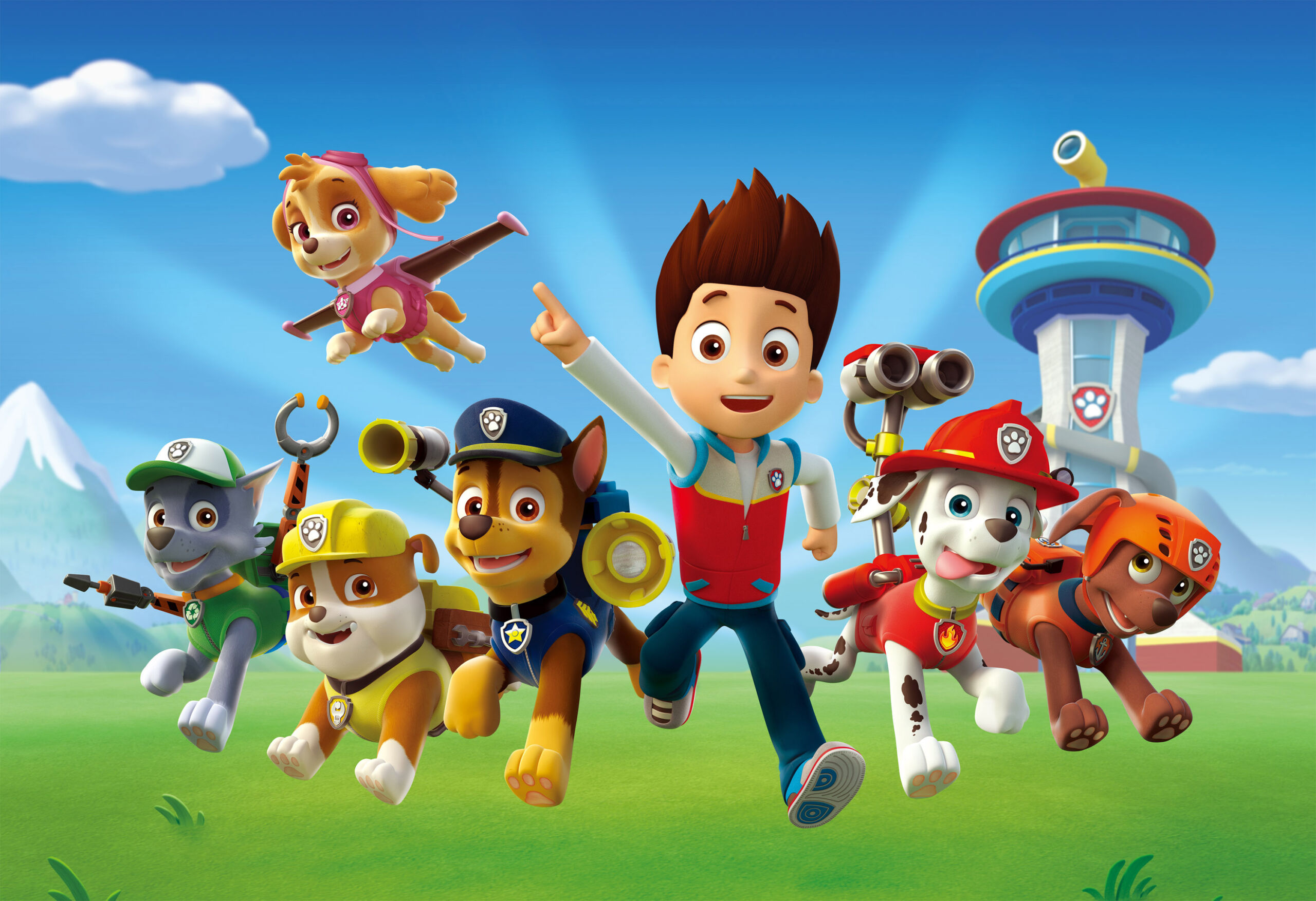 Full image of 3D render of a boy and six dogs (each dressed as a representative of a different service) - the PAW Patrol. Ugh.