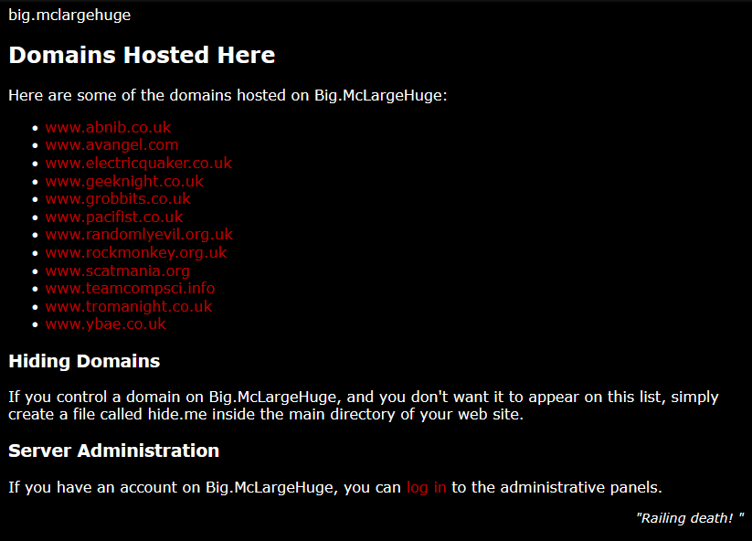 Full image of Screenshot of a web page listing domain names hosted on big.mclargehuge.