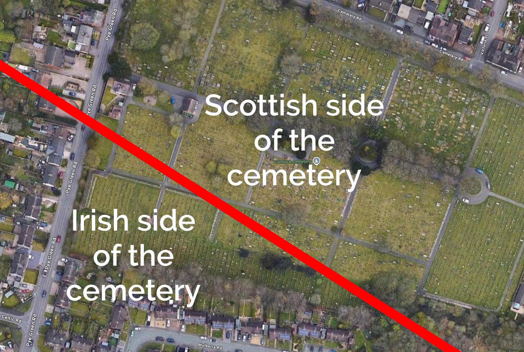 Full image of Aerial photography of Cannock Cemetery, bisected with a thick red line.