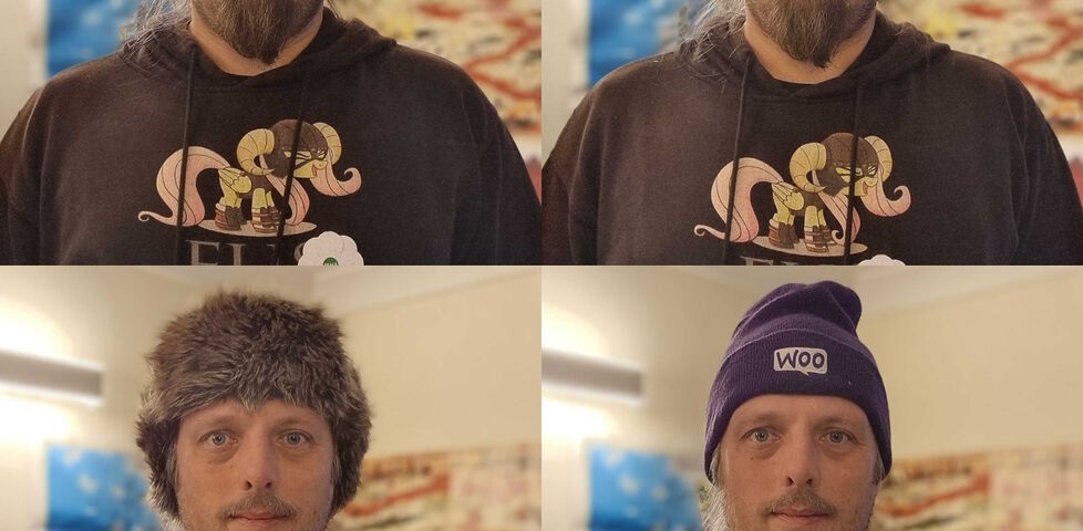Composite of four images of Dan, a white man with long hair and a beard. He's wearing a hoodie with a picture of Fluttershy (from My Little Pony: Friendship is Magic) wearing the iconic armour from the Elder Scrolls: Skyrim video game. In each of the four pictures he's wearing a different hat: a rainbow-striped bandana, a blackcap with the word 'GEEK' on the front in white lettering, a warm furry hat, and a purple woolen hat with a "Woo" logo.