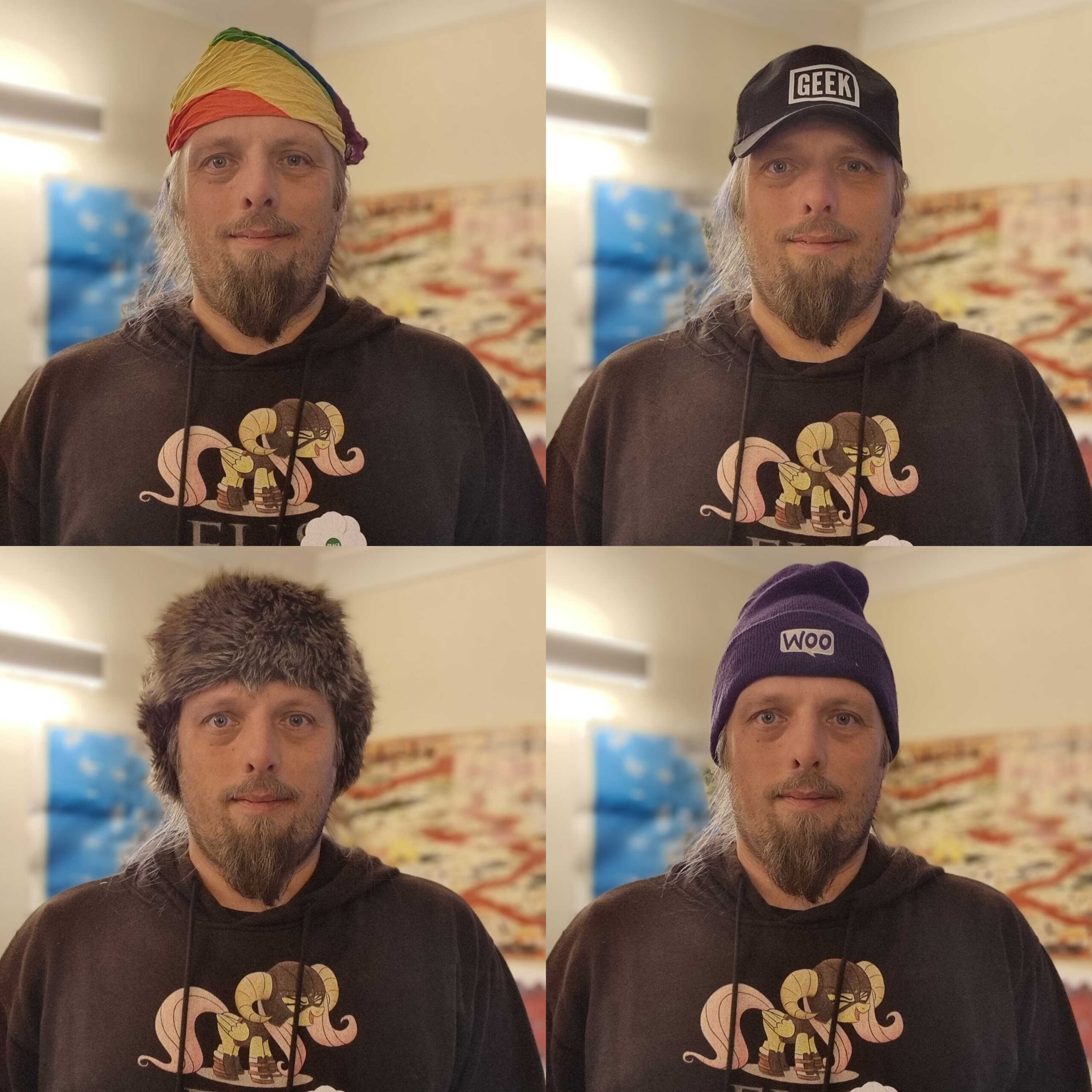 Full image of Composite of four images of Dan, a white man with long hair and a beard. He's wearing a hoodie with a picture of Fluttershy (from My Little Pony: Friendship is Magic) wearing the iconic armour from the Elder Scrolls: Skyrim video game. In each of the four pictures he's wearing a different hat: a rainbow-striped bandana, a blackcap with the word 'GEEK' on the front in white lettering, a warm furry hat, and a purple woolen hat with a "Woo" logo.
