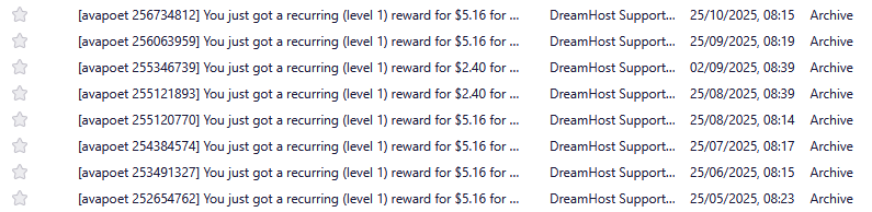 Full image of Collection of monthly emails from DreamHost advising of referral rewards of between $2.40 and $5.16.
