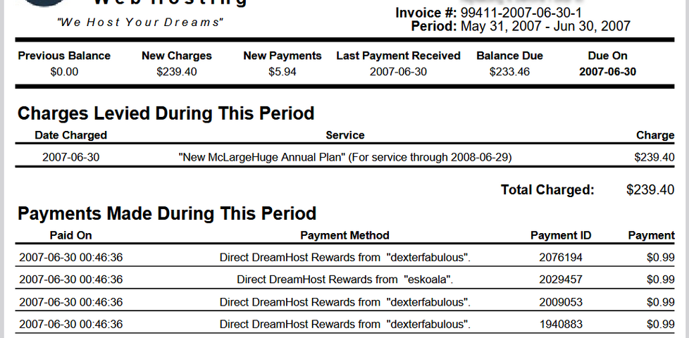 Invoice from DreamHost to Dan Q dated 30 June 2007, showing an annual renewal of New.McLargeHuge for $239.40 partially-offset by six referral payments for $0.99 each.