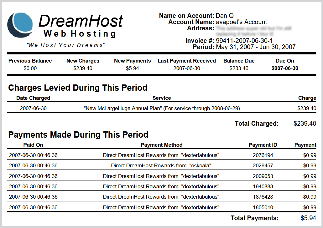 Full image of Invoice from DreamHost to Dan Q dated 30 June 2007, showing an annual renewal of New.McLargeHuge for $239.40 partially-offset by six referral payments for $0.99 each.