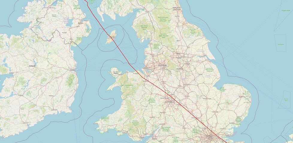 A line cuts from North-West to South-East through England and Wales.