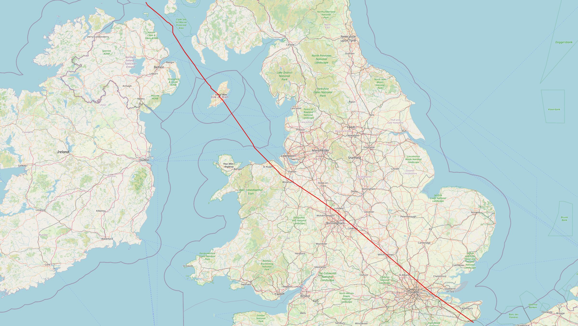 Full image of A line cuts from North-West to South-East through England and Wales.