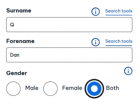 A form asking for Surname, Forename and Gender (with options Male, Female, and Both) changes its labels to e.g. Male Surname/Male Forename or Female Surname/Female Forename when the Gender option is changed.