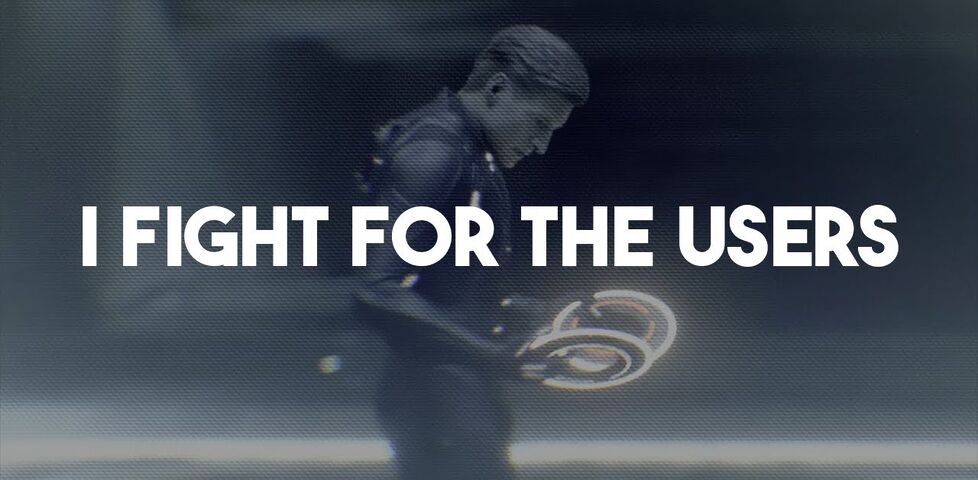 Framegrab from Tron, overlaid with iconic line 'I fight for the users'.
