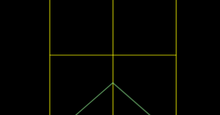 Turtle-graphics illustration of a yellow window made of four rectangular quarters, with a triangular mountain peak visible through it with its peak at the centre of the window.