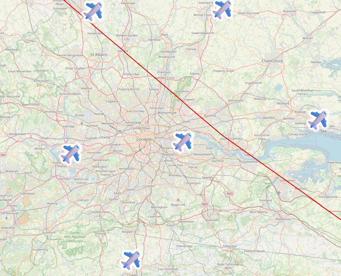 Full image of Map showing the locations of London's six major airports: three North-East of the line, three South-West of it.