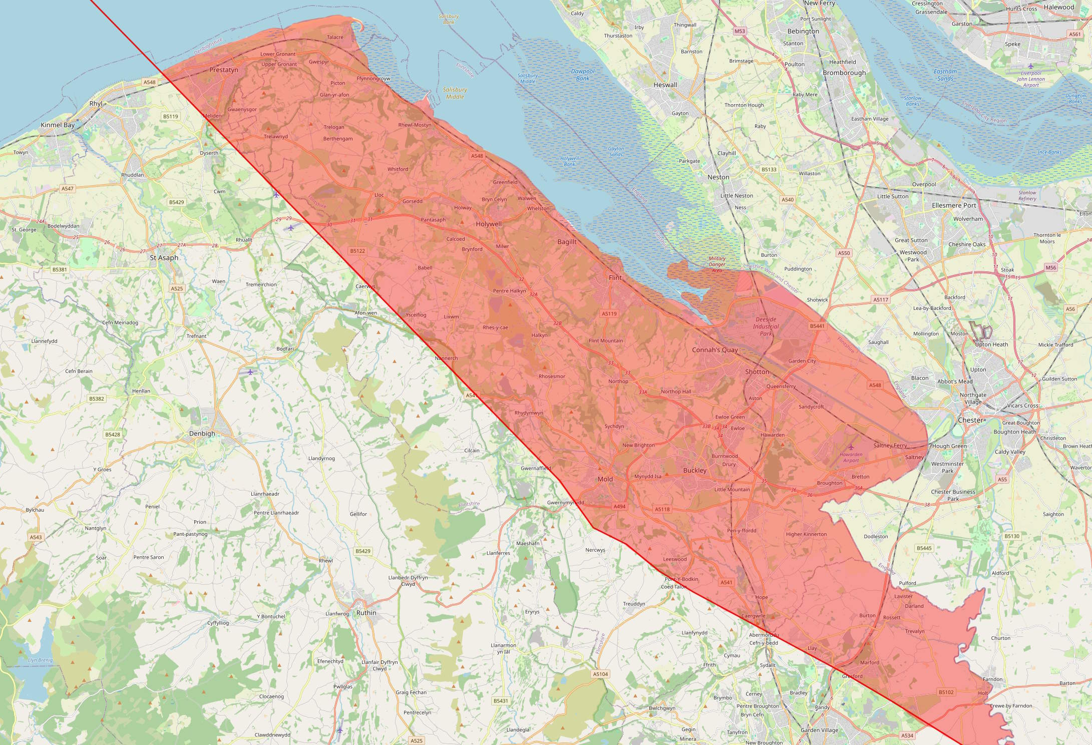 Full image of Highlighted fragment of Wales along the West bank of the River Dee and stretching about 10-12km inland.