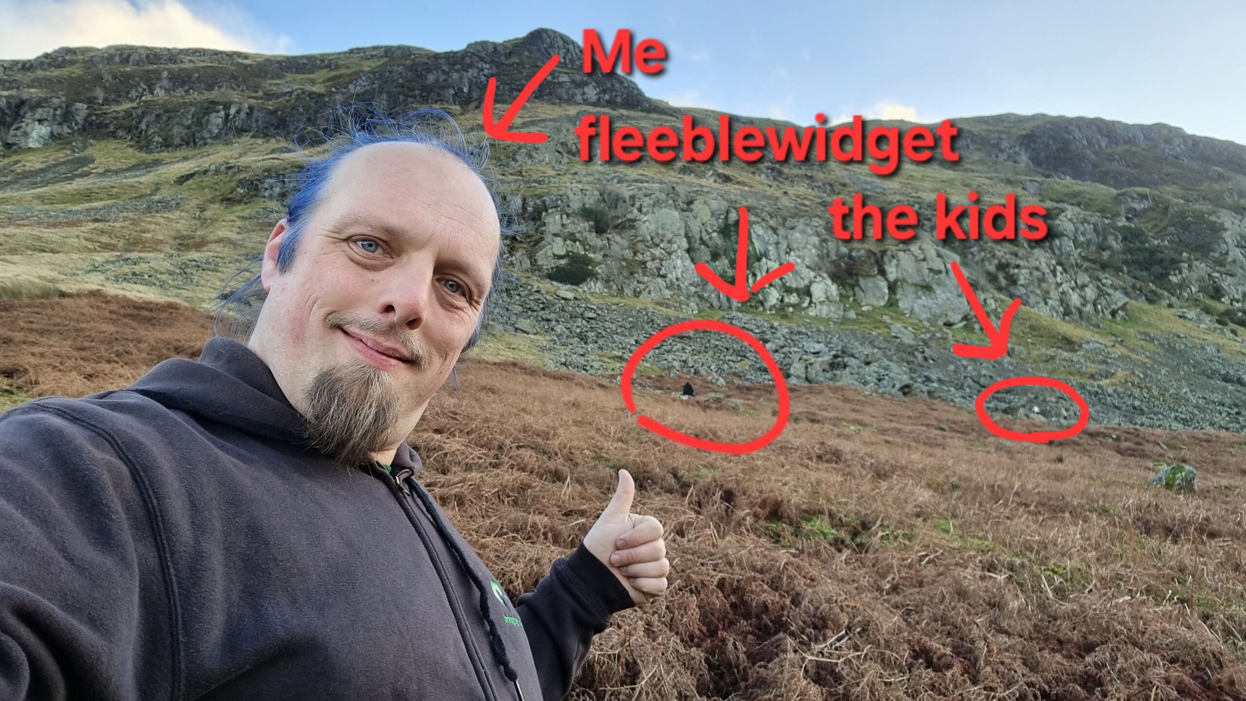 Full image of Annotated photo of Dan, a white man with blue hair, on a brackeney Lake District hillside, with arrows in the background identifying the location of 'fleeblewidget' and 'the kids'.